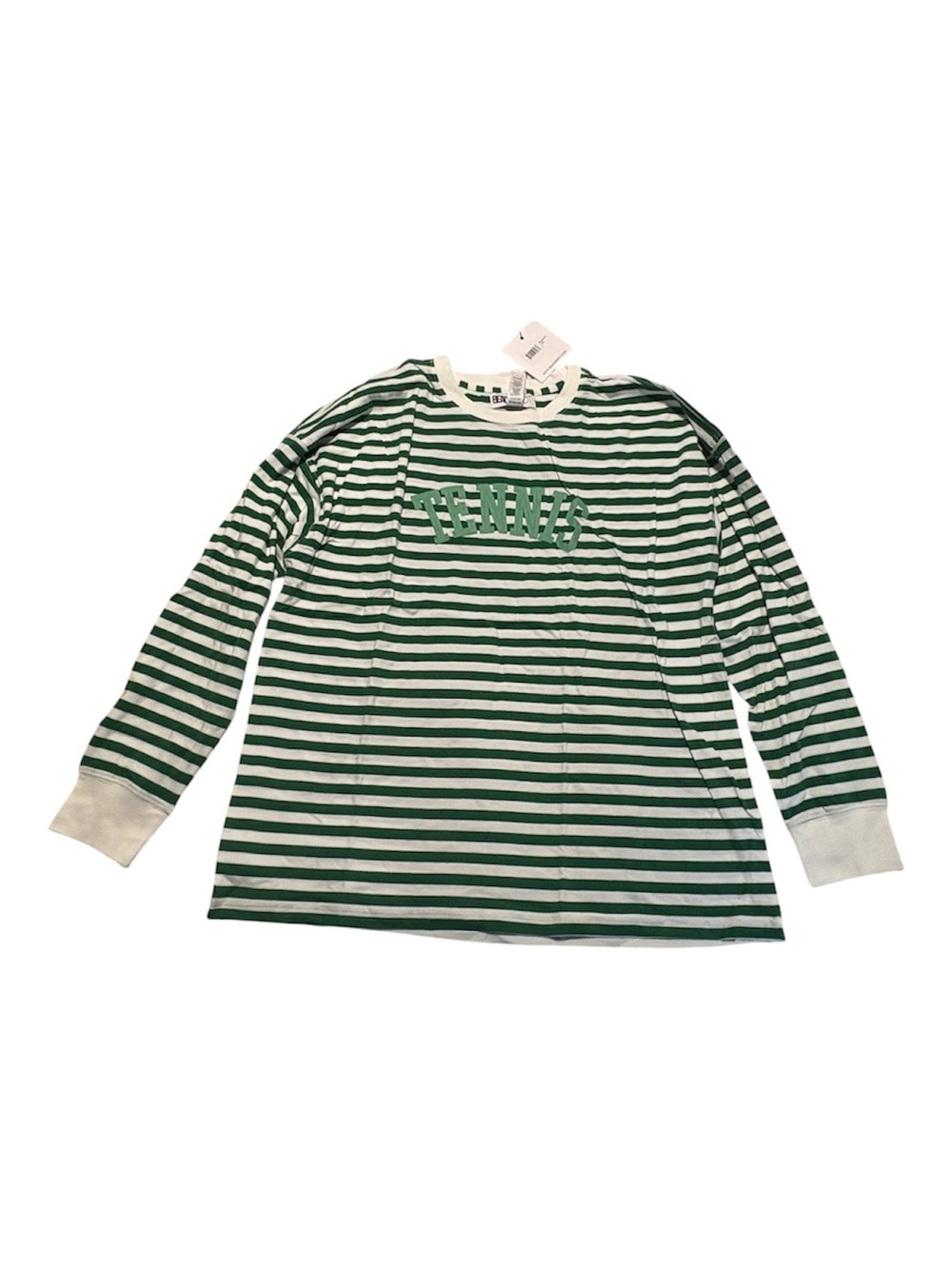 NEW Beach  Riot Green & White Striped Long Sleeve Tee with TENNIS Graphic